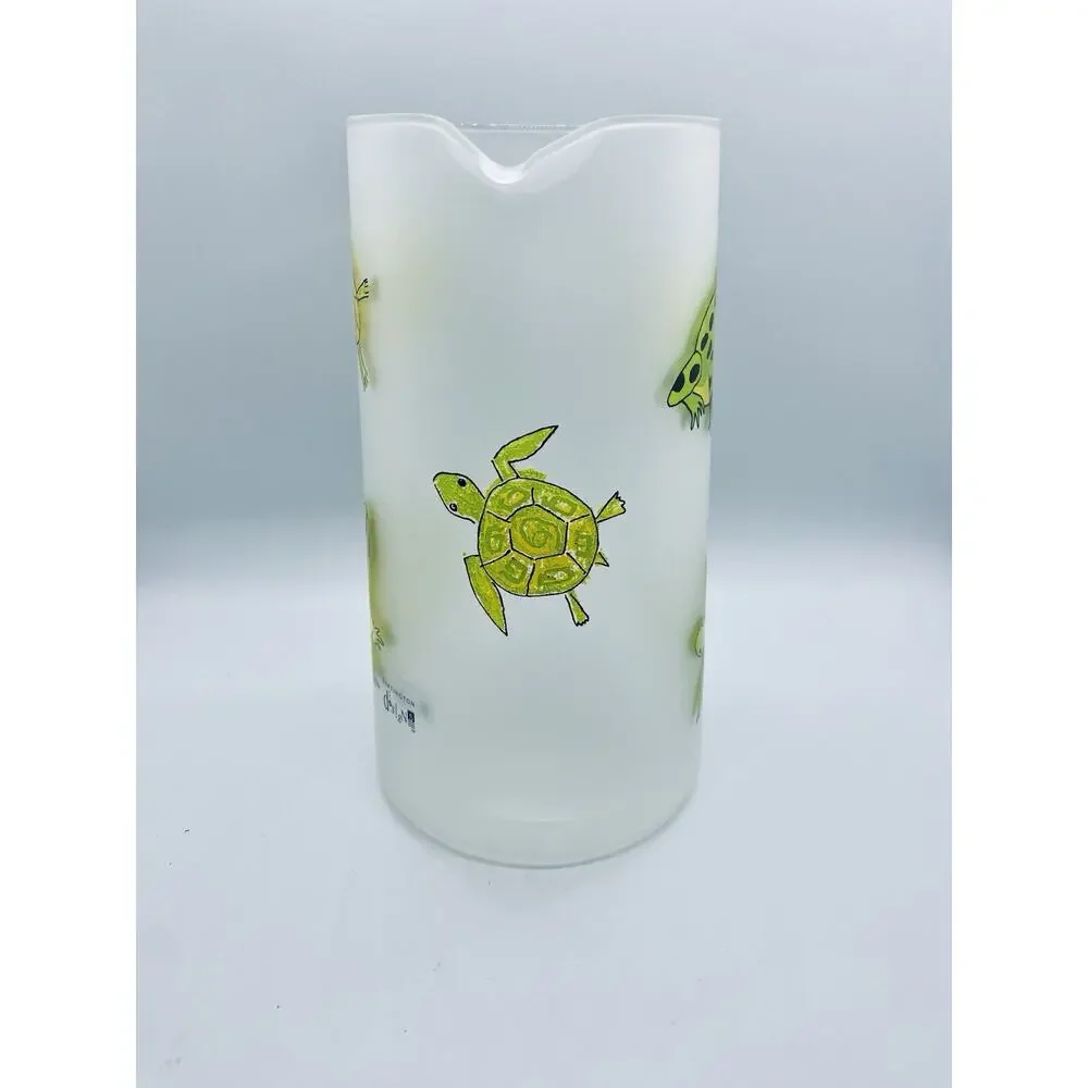 Darlington Designs Frosted Glass Jug Turtles Frogs Design Vintage MCM Feel